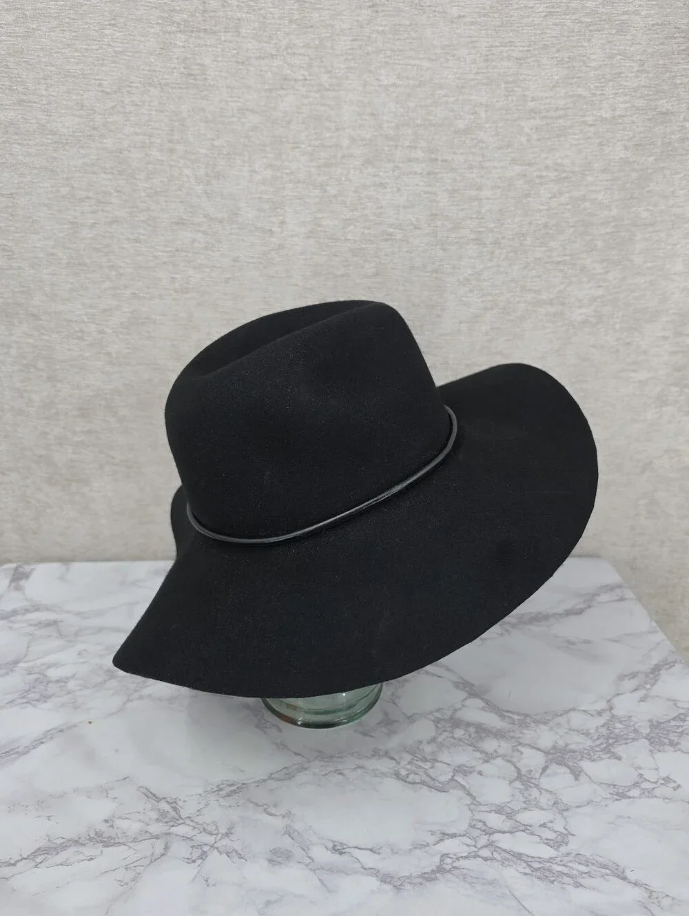 Echo Wool Cloche Floppy Brim Hat Leather Band with Rabbit Fur Pom Poms Black